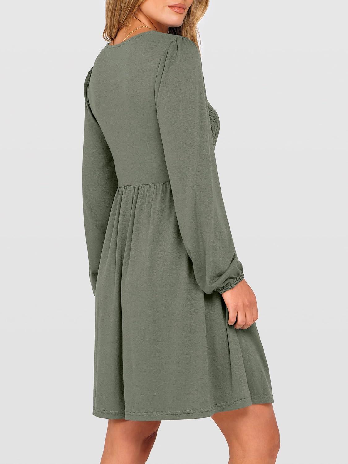 imageANRABESS Womens Long Lantern Sleeve Dresses 2025 Fall Casual Smocked ALine High Waist Flowy Short Dress with Pockets TrendyArmy Green