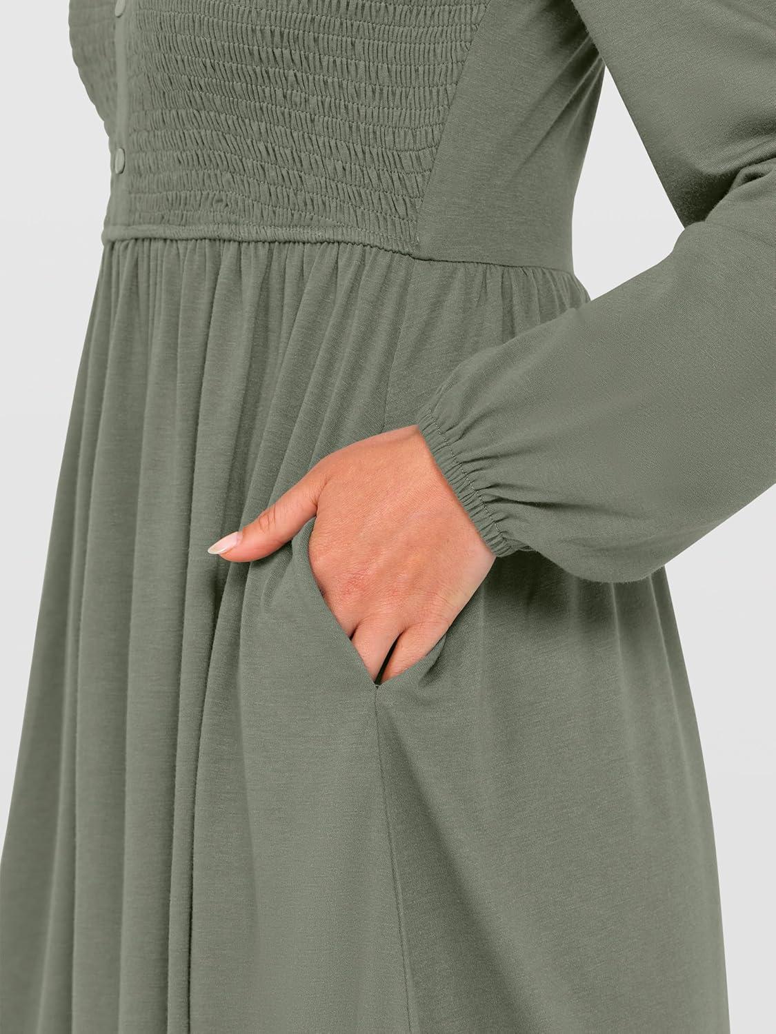 imageANRABESS Womens Long Lantern Sleeve Dresses 2025 Fall Casual Smocked ALine High Waist Flowy Short Dress with Pockets TrendyArmy Green