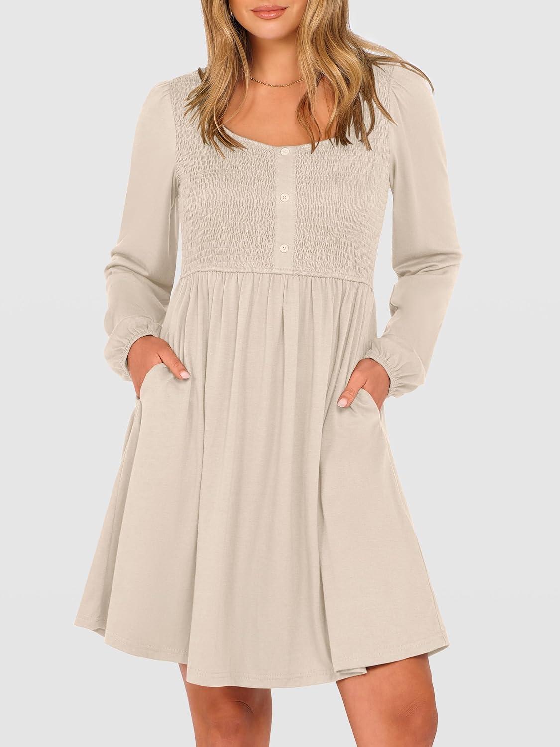 imageANRABESS Womens Long Lantern Sleeve Dresses 2025 Fall Casual Smocked ALine High Waist Flowy Short Dress with Pockets TrendyBeige