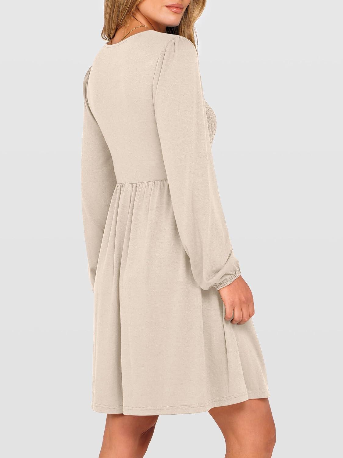 imageANRABESS Womens Long Lantern Sleeve Dresses 2025 Fall Casual Smocked ALine High Waist Flowy Short Dress with Pockets TrendyBeige