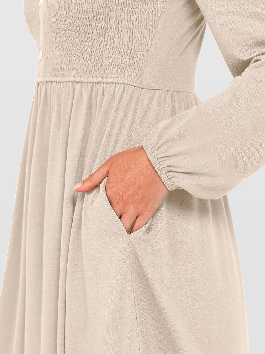 imageANRABESS Womens Long Lantern Sleeve Dresses 2025 Fall Casual Smocked ALine High Waist Flowy Short Dress with Pockets TrendyBeige