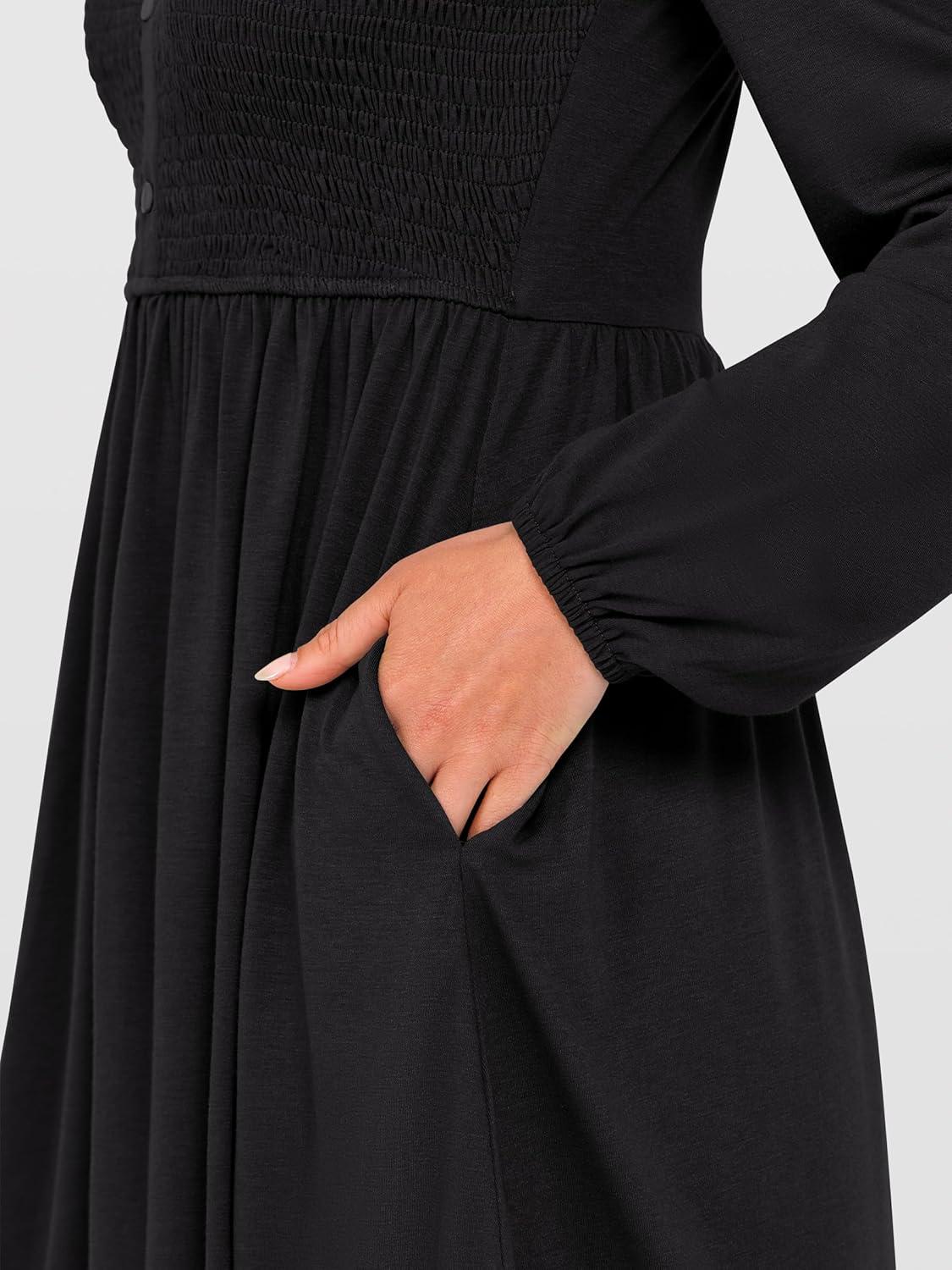 imageANRABESS Womens Long Lantern Sleeve Dresses 2025 Fall Casual Smocked ALine High Waist Flowy Short Dress with Pockets TrendyBlack