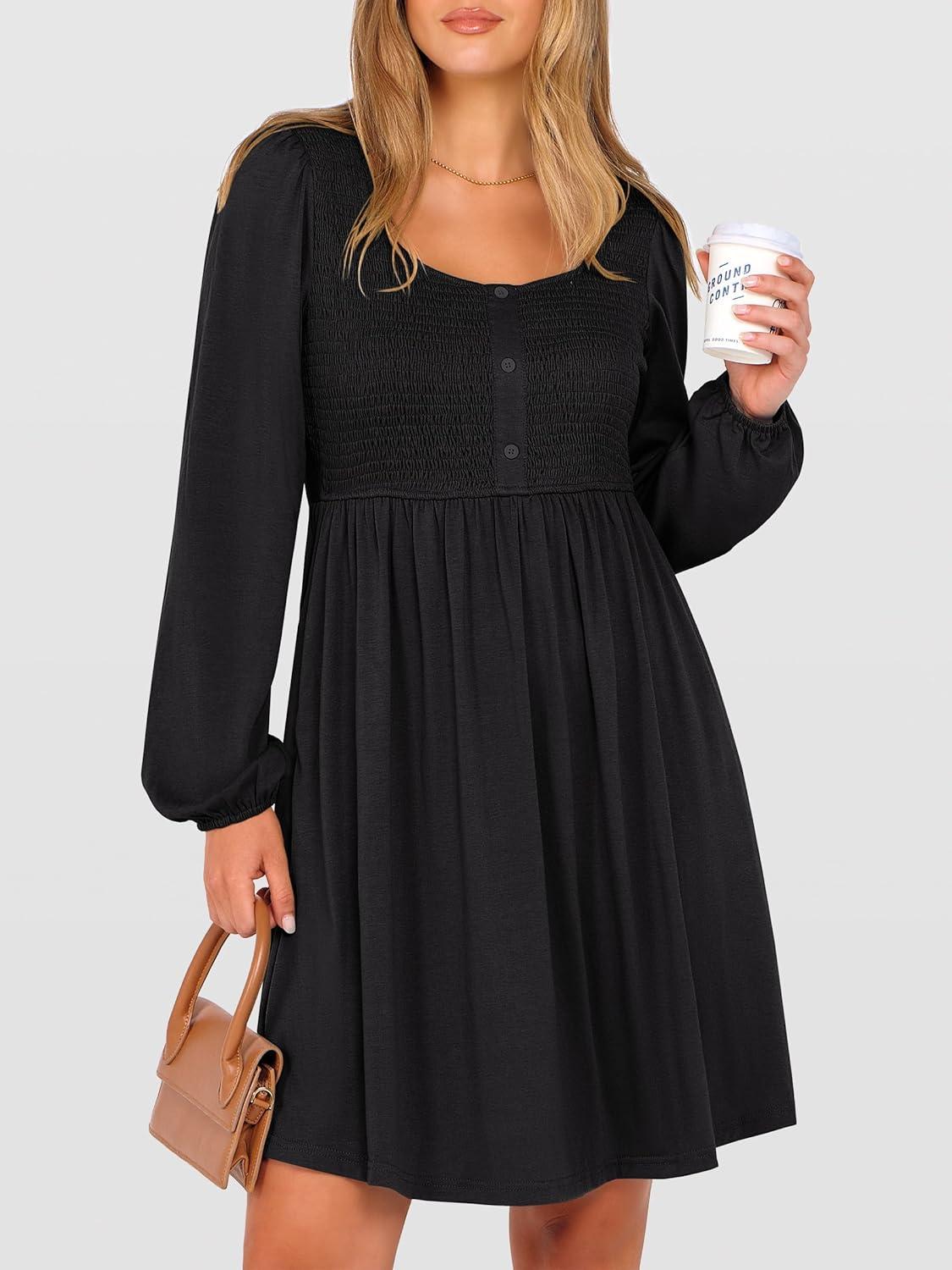 imageANRABESS Womens Long Lantern Sleeve Dresses 2025 Fall Casual Smocked ALine High Waist Flowy Short Dress with Pockets TrendyBlack