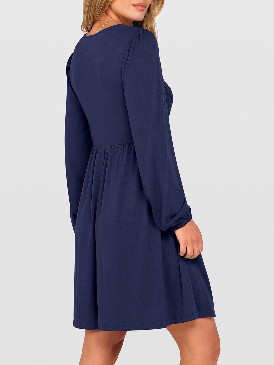 imageANRABESS Womens Long Lantern Sleeve Dresses 2025 Fall Casual Smocked ALine High Waist Flowy Short Dress with Pockets TrendyBlack Blue