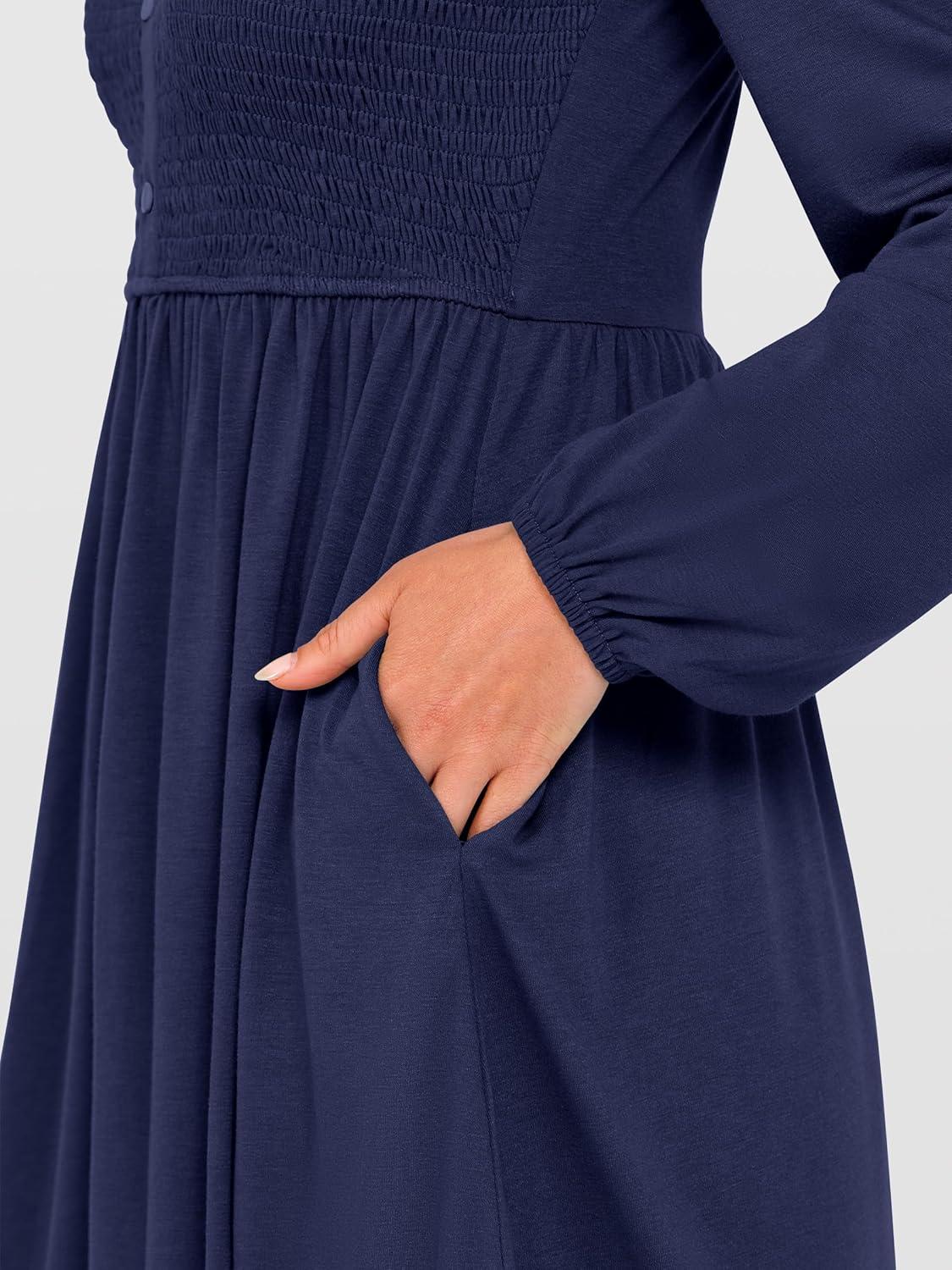 imageANRABESS Womens Long Lantern Sleeve Dresses 2025 Fall Casual Smocked ALine High Waist Flowy Short Dress with Pockets TrendyBlack Blue