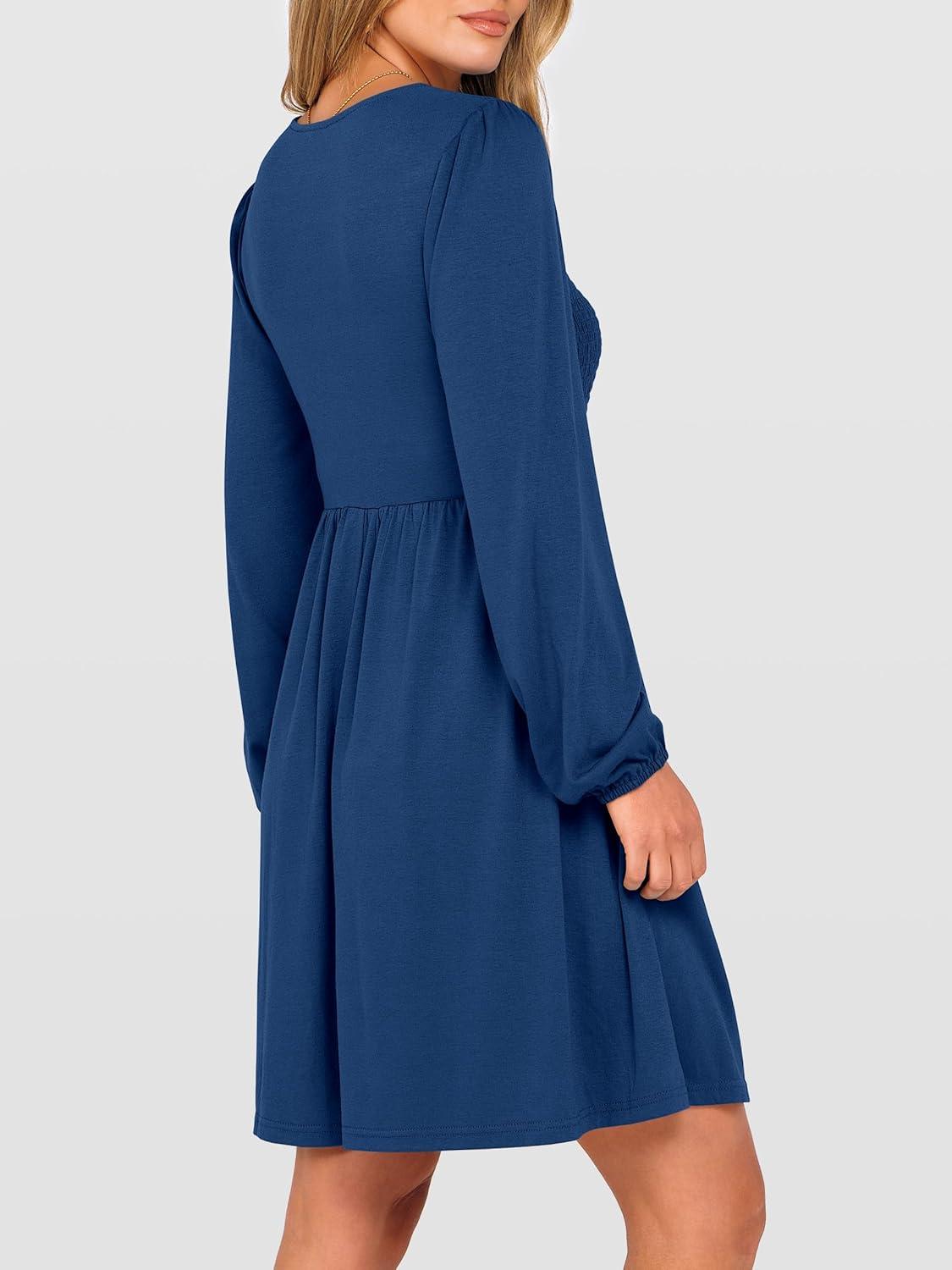 imageANRABESS Womens Long Lantern Sleeve Dresses 2025 Fall Casual Smocked ALine High Waist Flowy Short Dress with Pockets TrendyDark Blue