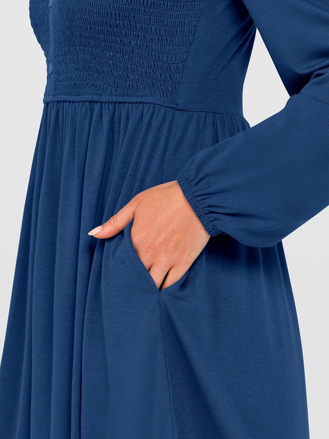 imageANRABESS Womens Long Lantern Sleeve Dresses 2025 Fall Casual Smocked ALine High Waist Flowy Short Dress with Pockets TrendyDark Blue