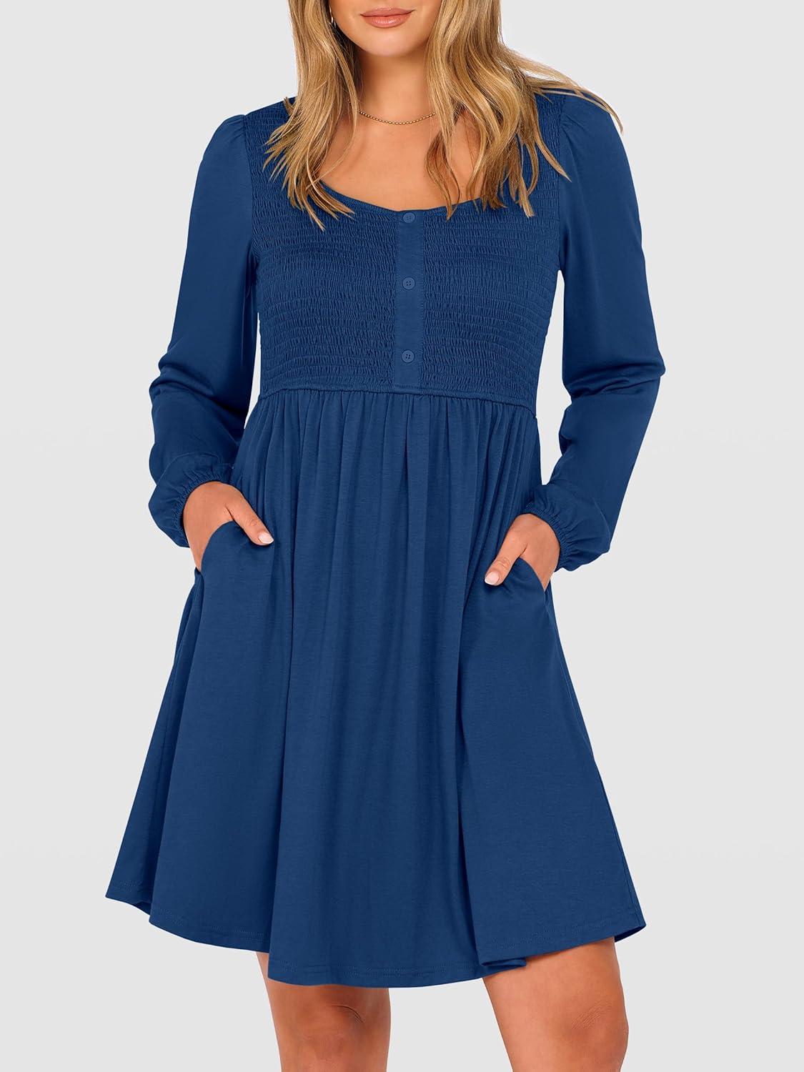 imageANRABESS Womens Long Lantern Sleeve Dresses 2025 Fall Casual Smocked ALine High Waist Flowy Short Dress with Pockets TrendyDark Blue