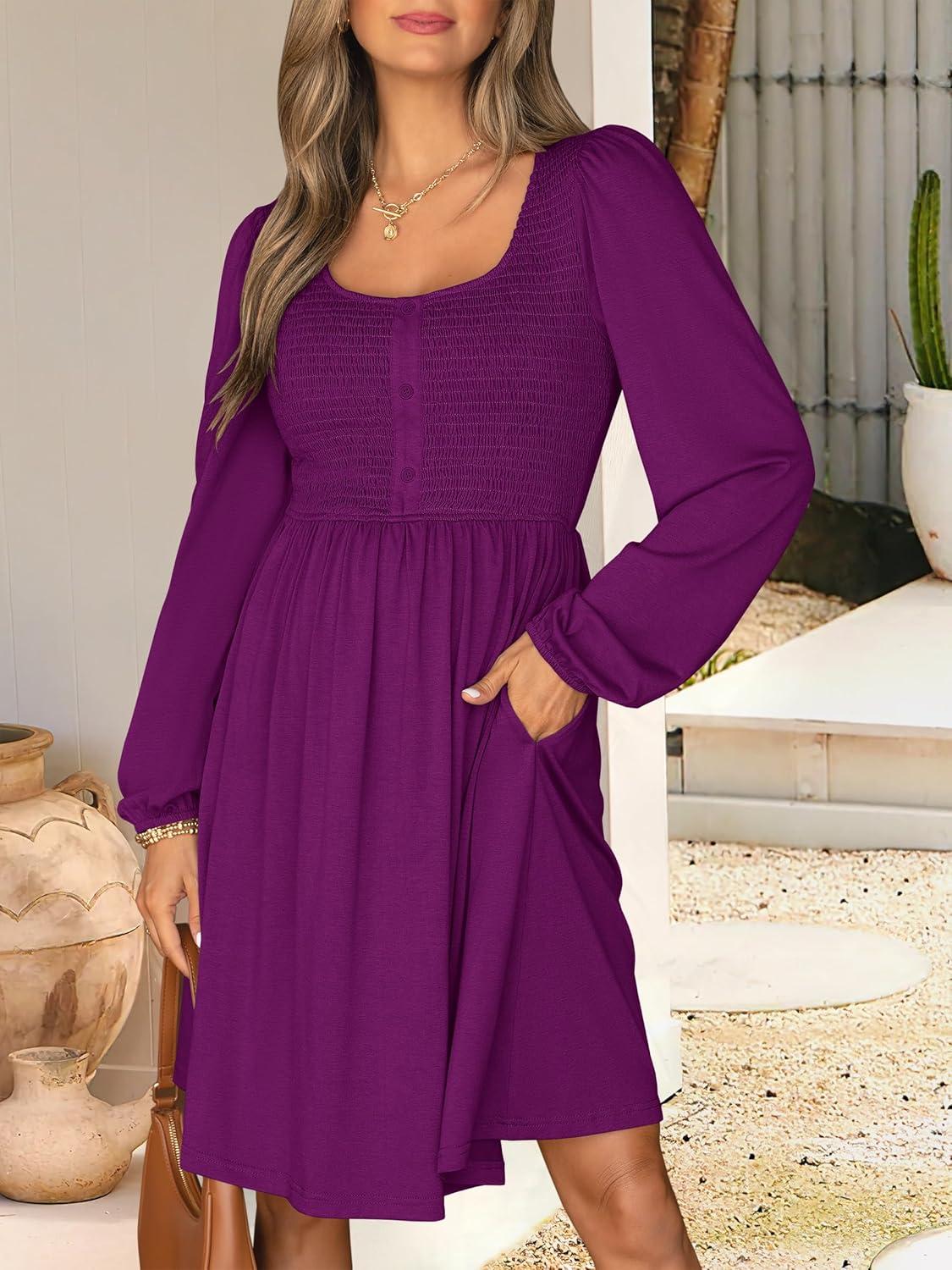 imageANRABESS Womens Long Lantern Sleeve Dresses 2025 Fall Casual Smocked ALine High Waist Flowy Short Dress with Pockets TrendyDeep Purple