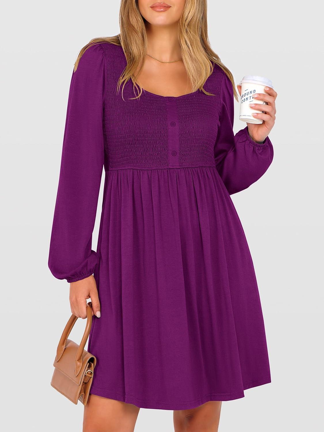 imageANRABESS Womens Long Lantern Sleeve Dresses 2025 Fall Casual Smocked ALine High Waist Flowy Short Dress with Pockets TrendyDeep Purple