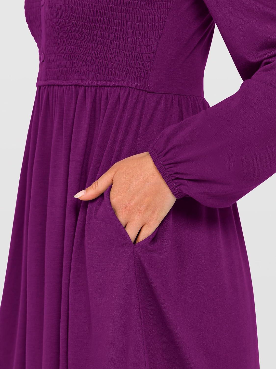 imageANRABESS Womens Long Lantern Sleeve Dresses 2025 Fall Casual Smocked ALine High Waist Flowy Short Dress with Pockets TrendyDeep Purple