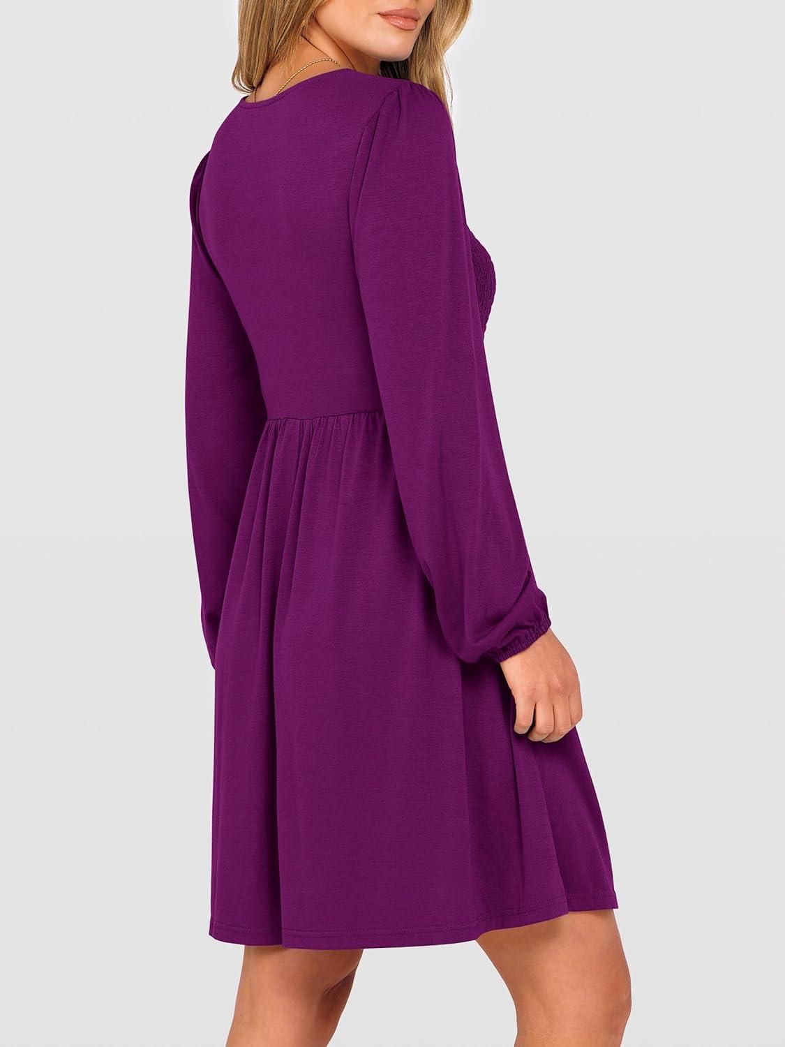 imageANRABESS Womens Long Lantern Sleeve Dresses 2025 Fall Casual Smocked ALine High Waist Flowy Short Dress with Pockets TrendyDeep Purple