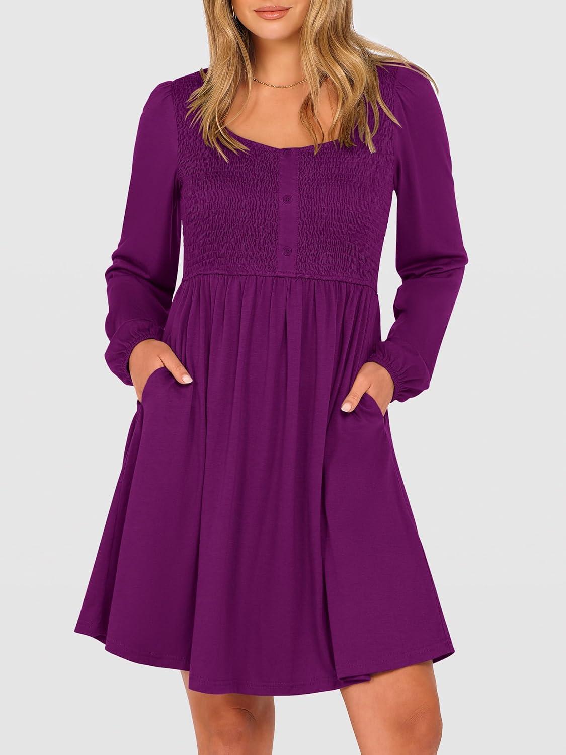imageANRABESS Womens Long Lantern Sleeve Dresses 2025 Fall Casual Smocked ALine High Waist Flowy Short Dress with Pockets TrendyDeep Purple