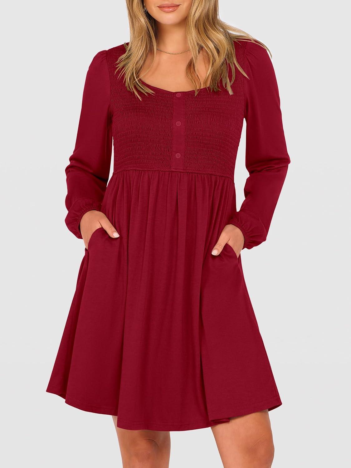 imageANRABESS Womens Long Lantern Sleeve Dresses 2025 Fall Casual Smocked ALine High Waist Flowy Short Dress with Pockets TrendyDeep Red