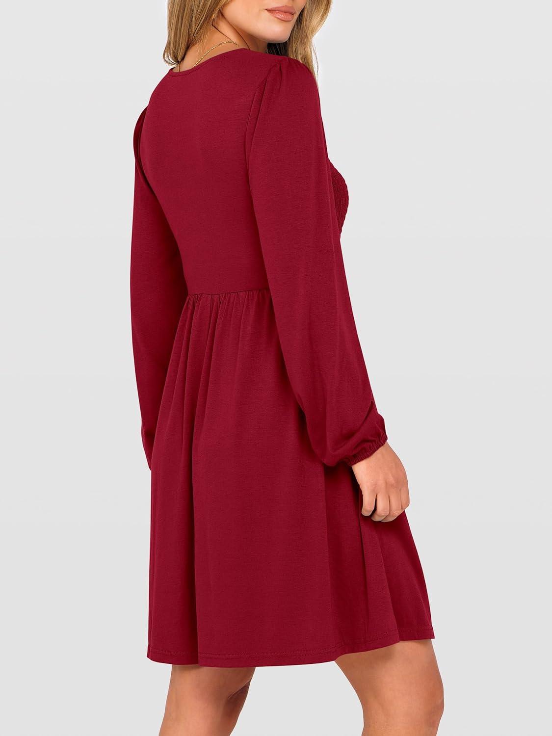 imageANRABESS Womens Long Lantern Sleeve Dresses 2025 Fall Casual Smocked ALine High Waist Flowy Short Dress with Pockets TrendyDeep Red