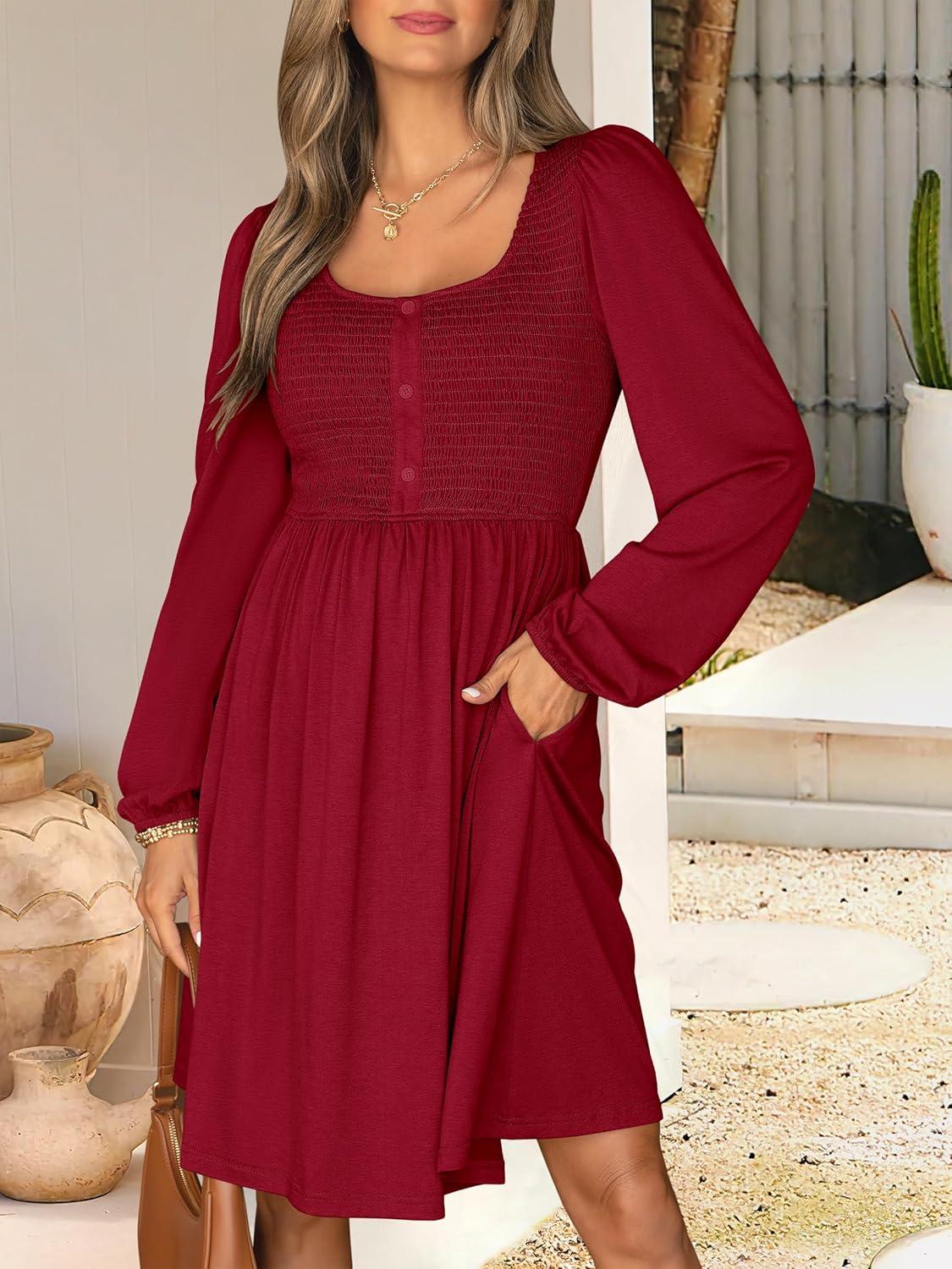 imageANRABESS Womens Long Lantern Sleeve Dresses 2025 Fall Casual Smocked ALine High Waist Flowy Short Dress with Pockets TrendyDeep Red