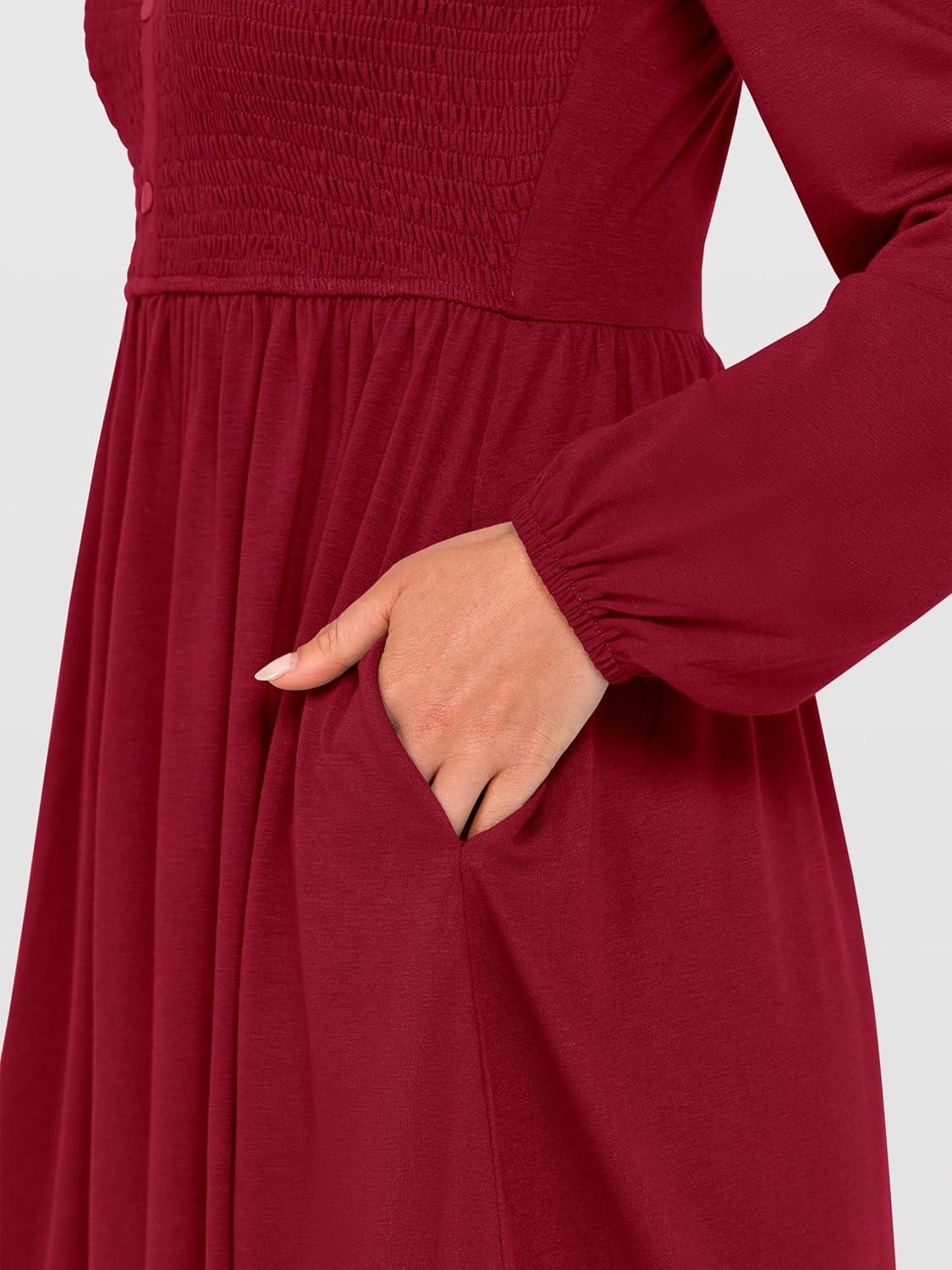 imageANRABESS Womens Long Lantern Sleeve Dresses 2025 Fall Casual Smocked ALine High Waist Flowy Short Dress with Pockets TrendyDeep Red