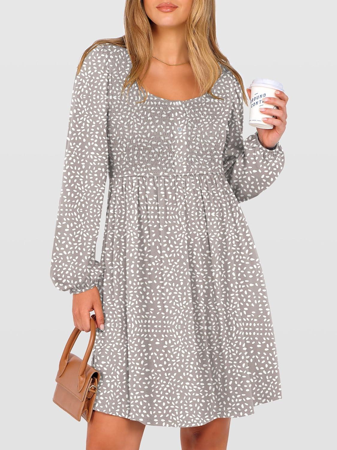 imageANRABESS Womens Long Lantern Sleeve Dresses 2025 Fall Casual Smocked ALine High Waist Flowy Short Dress with Pockets TrendyKhaki Polka Dot