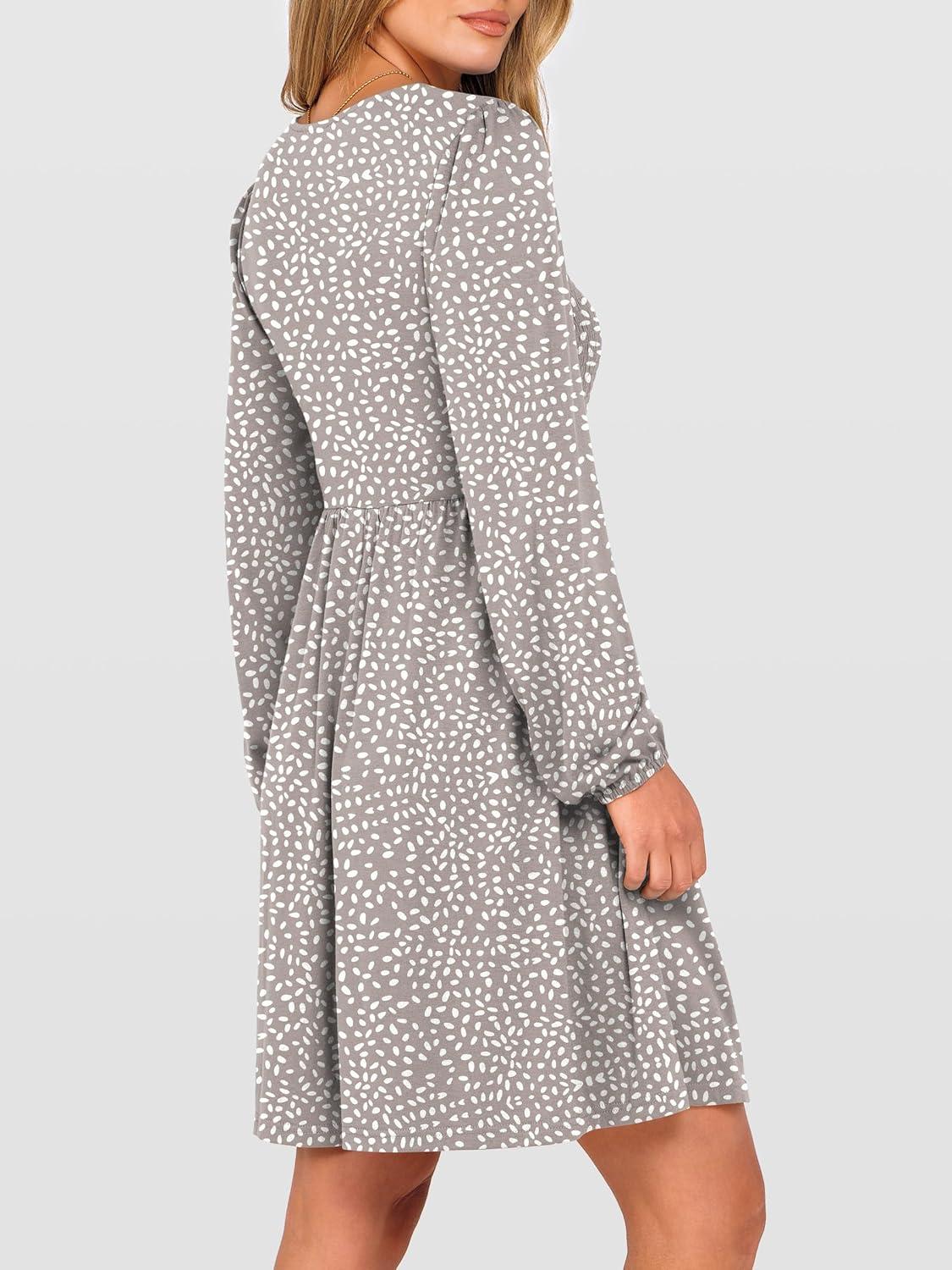 imageANRABESS Womens Long Lantern Sleeve Dresses 2025 Fall Casual Smocked ALine High Waist Flowy Short Dress with Pockets TrendyKhaki Polka Dot