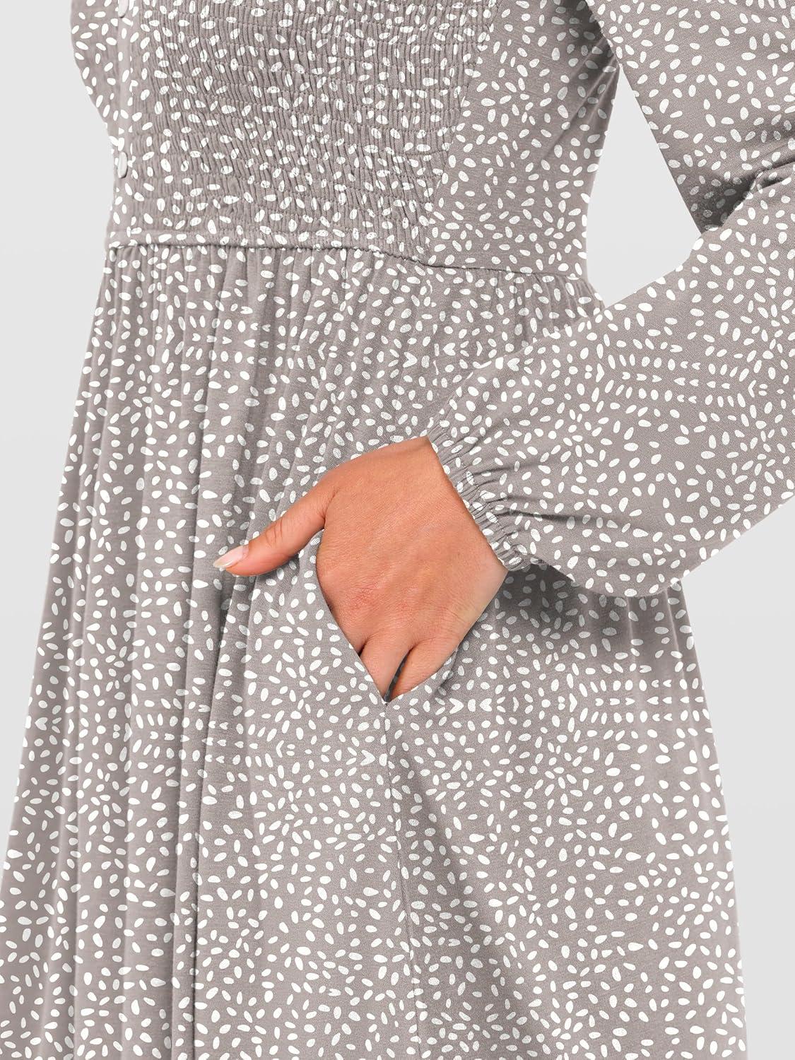 imageANRABESS Womens Long Lantern Sleeve Dresses 2025 Fall Casual Smocked ALine High Waist Flowy Short Dress with Pockets TrendyKhaki Polka Dot