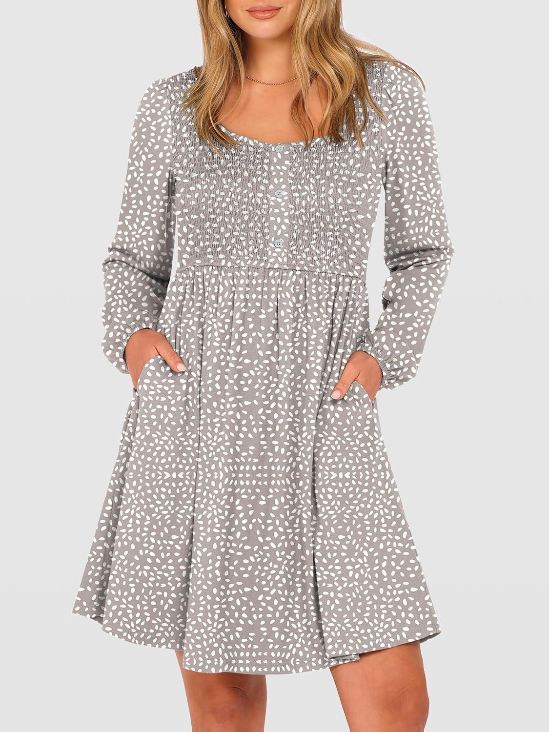 imageANRABESS Womens Long Lantern Sleeve Dresses 2025 Fall Casual Smocked ALine High Waist Flowy Short Dress with Pockets TrendyKhaki Polka Dot