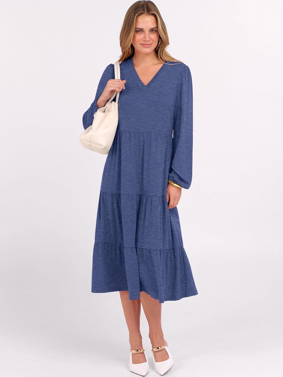 imageANRABESS Womens Long Lantern Sleeve Floral Midi Dresses 2025 Fall V Neck Casual Flowy Aline Tiered Boho Vacation Long DressBlue