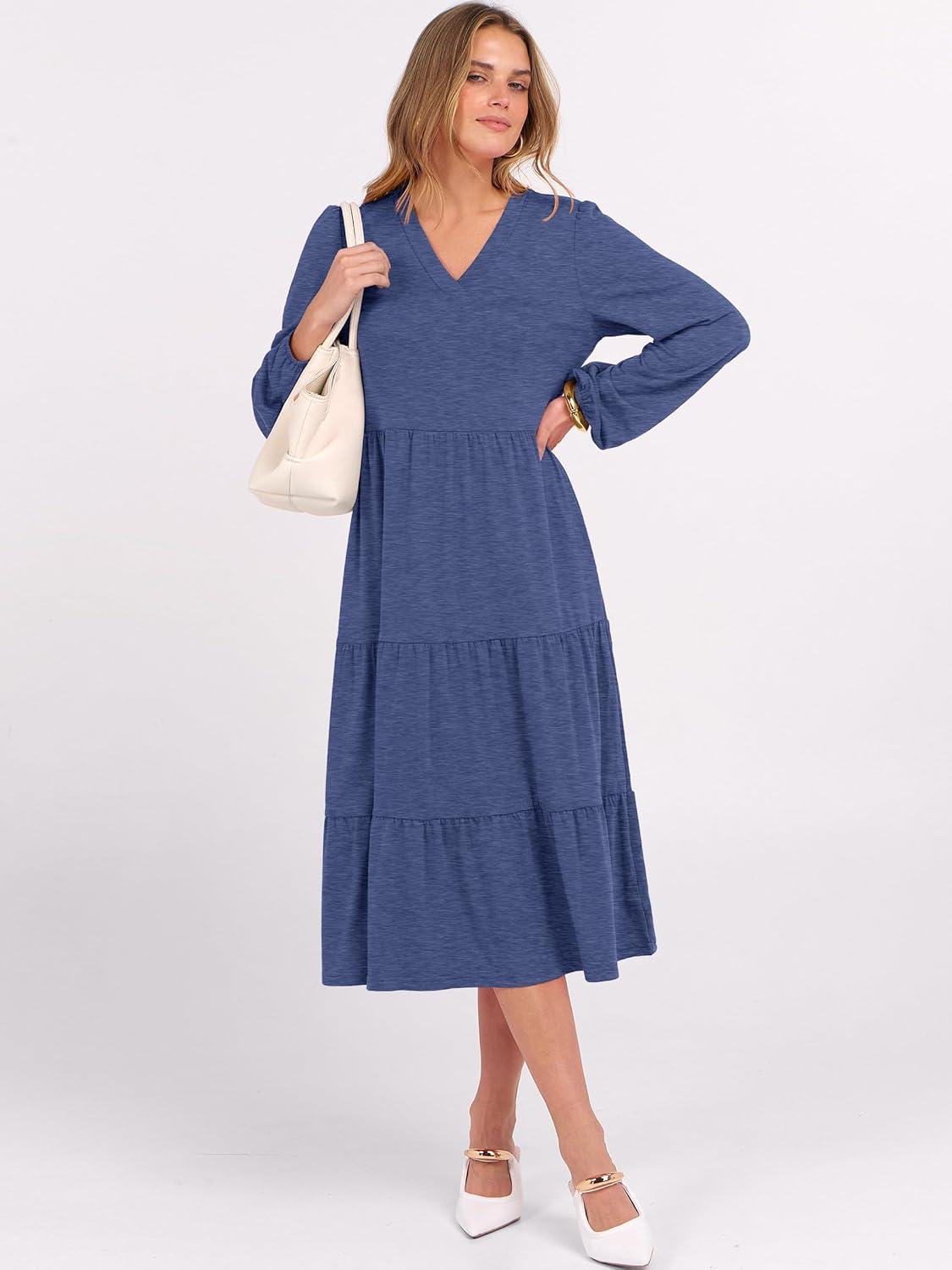 imageANRABESS Womens Long Lantern Sleeve Floral Midi Dresses 2025 Fall V Neck Casual Flowy Aline Tiered Boho Vacation Long DressBlue