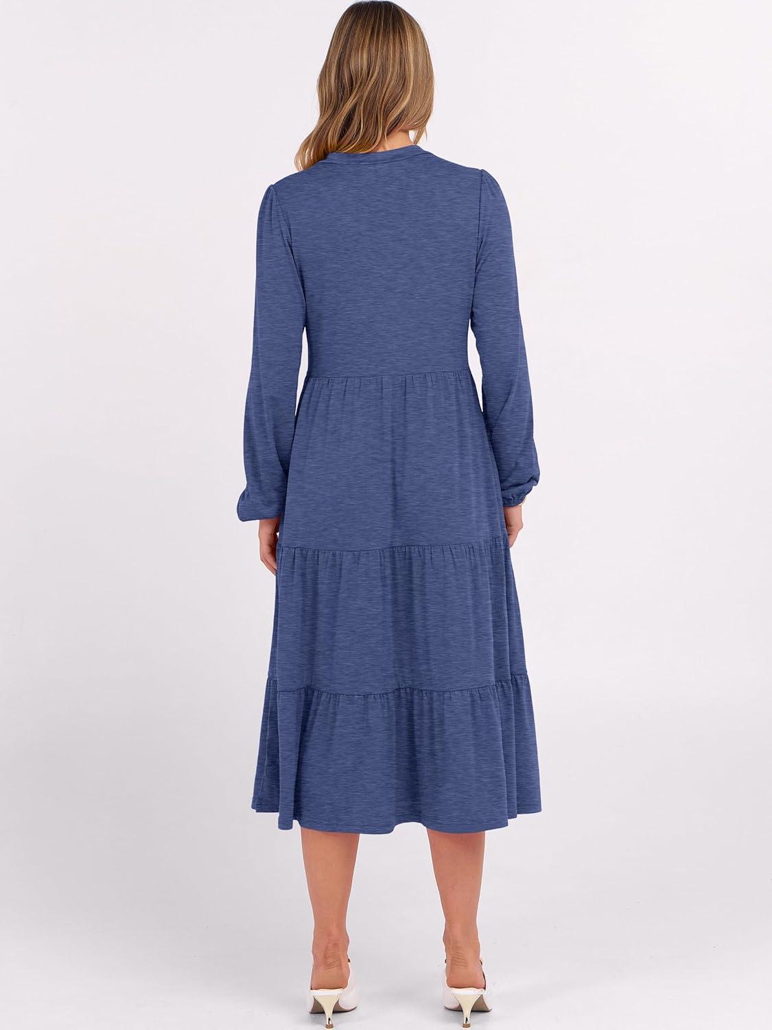 imageANRABESS Womens Long Lantern Sleeve Floral Midi Dresses 2025 Fall V Neck Casual Flowy Aline Tiered Boho Vacation Long DressBlue