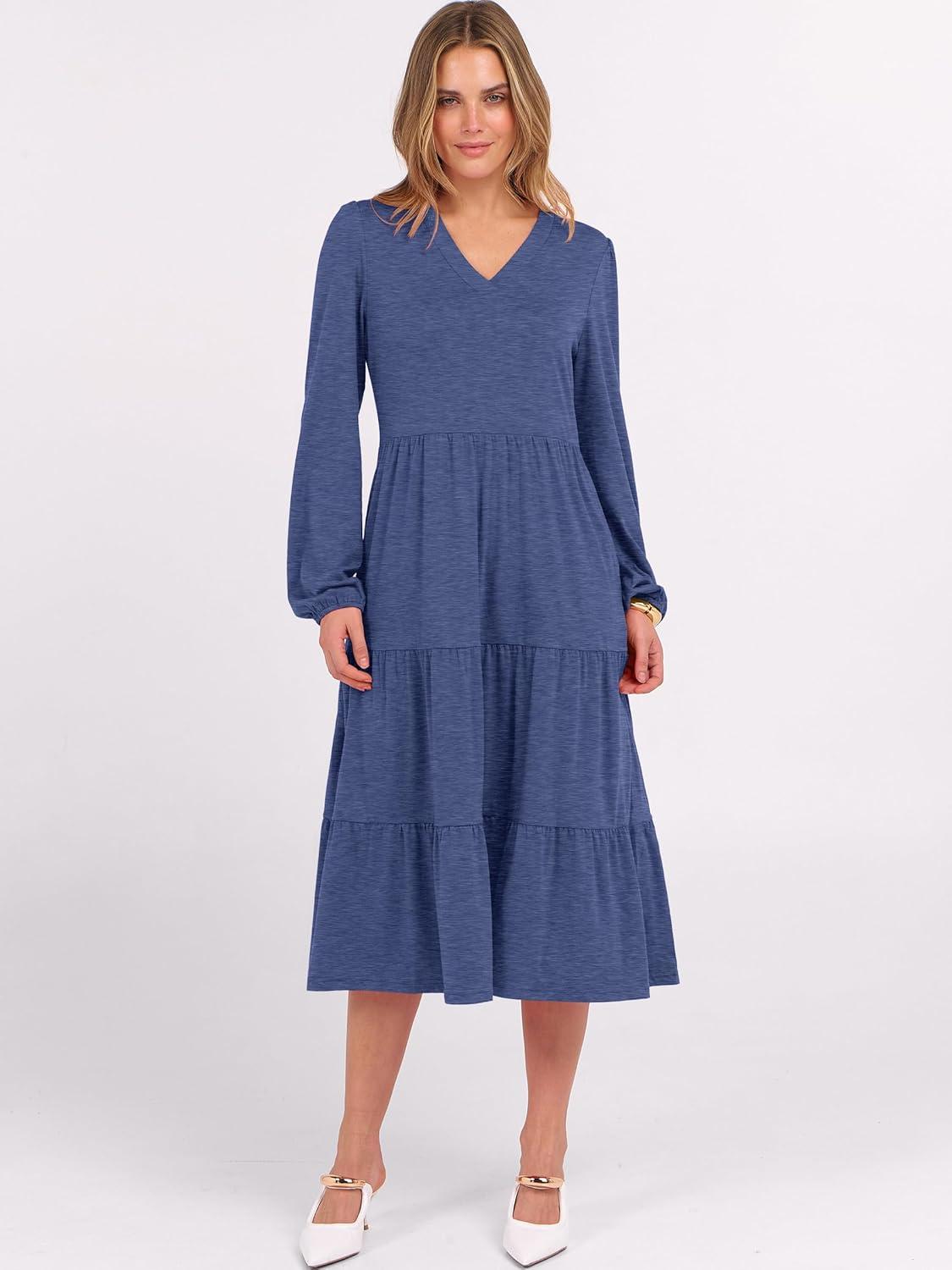 imageANRABESS Womens Long Lantern Sleeve Floral Midi Dresses 2025 Fall V Neck Casual Flowy Aline Tiered Boho Vacation Long DressBlue