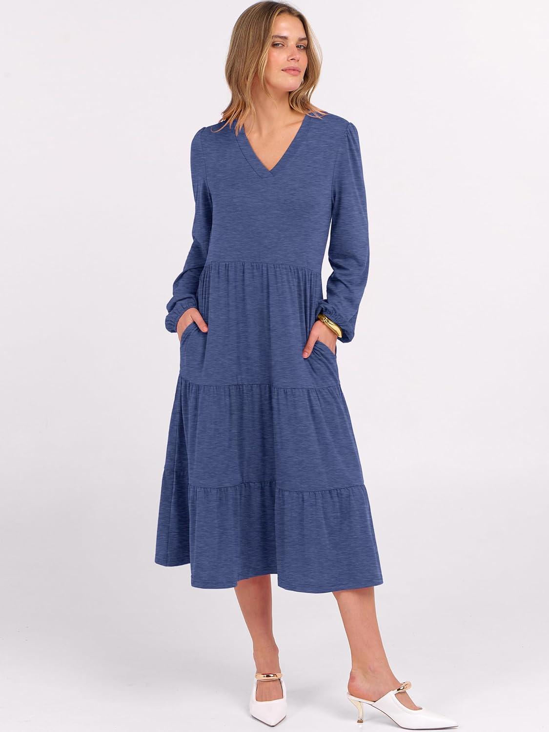 imageANRABESS Womens Long Lantern Sleeve Floral Midi Dresses 2025 Fall V Neck Casual Flowy Aline Tiered Boho Vacation Long DressBlue