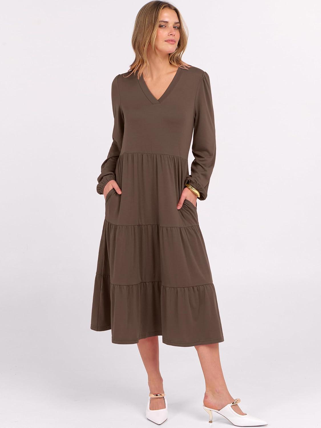 imageANRABESS Womens Long Lantern Sleeve Floral Midi Dresses 2025 Fall V Neck Casual Flowy Aline Tiered Boho Vacation Long DressCoffee