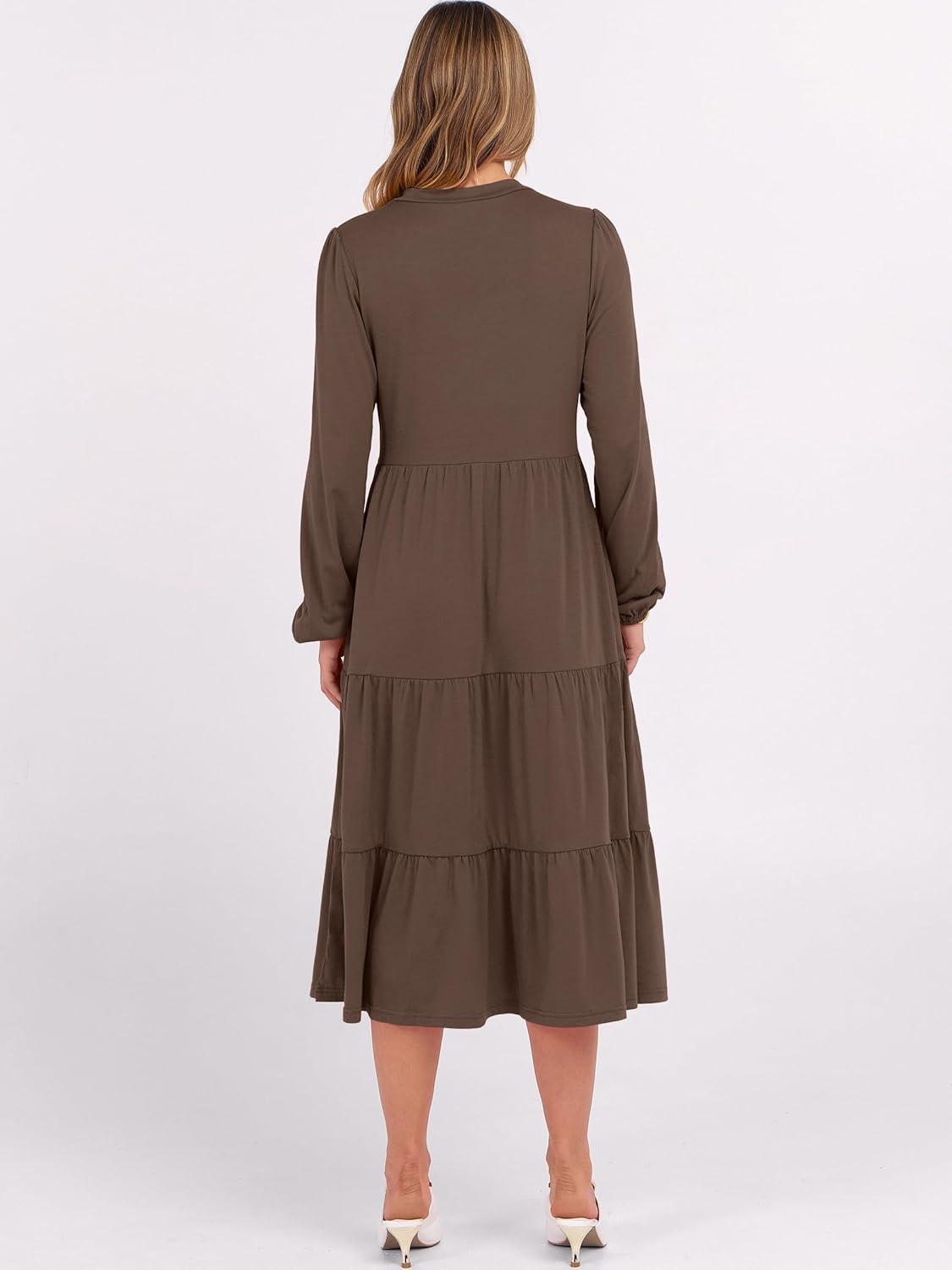 imageANRABESS Womens Long Lantern Sleeve Floral Midi Dresses 2025 Fall V Neck Casual Flowy Aline Tiered Boho Vacation Long DressCoffee