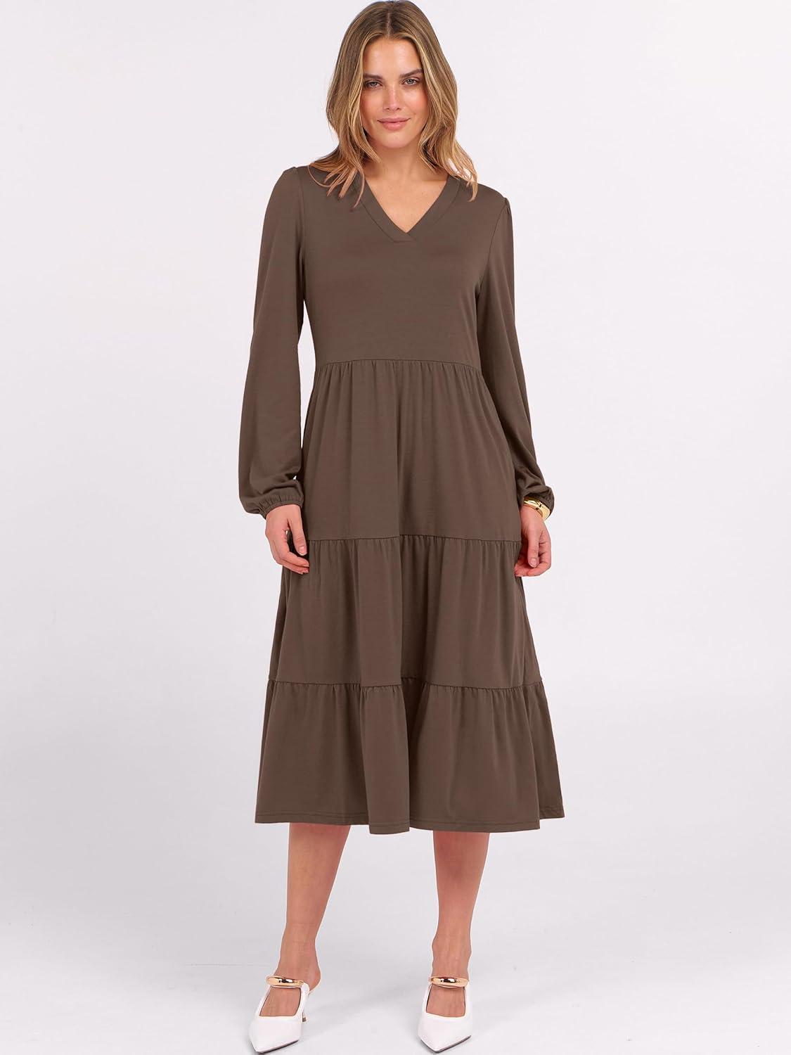 imageANRABESS Womens Long Lantern Sleeve Floral Midi Dresses 2025 Fall V Neck Casual Flowy Aline Tiered Boho Vacation Long DressCoffee