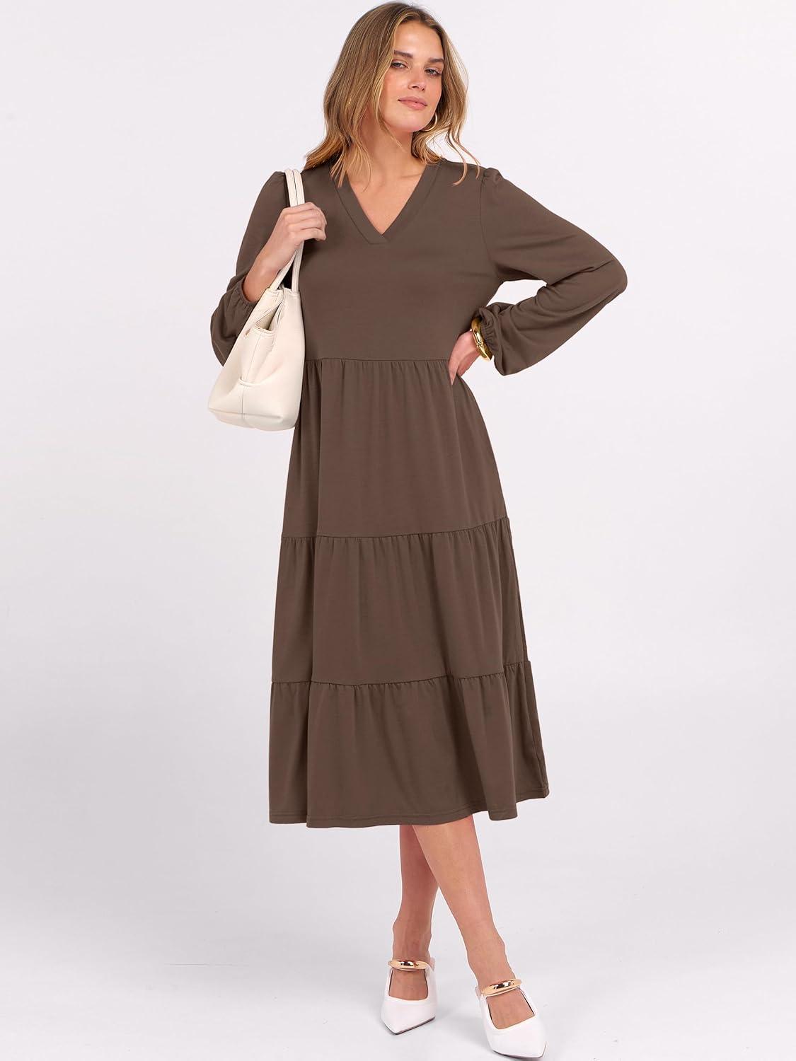 imageANRABESS Womens Long Lantern Sleeve Floral Midi Dresses 2025 Fall V Neck Casual Flowy Aline Tiered Boho Vacation Long DressCoffee