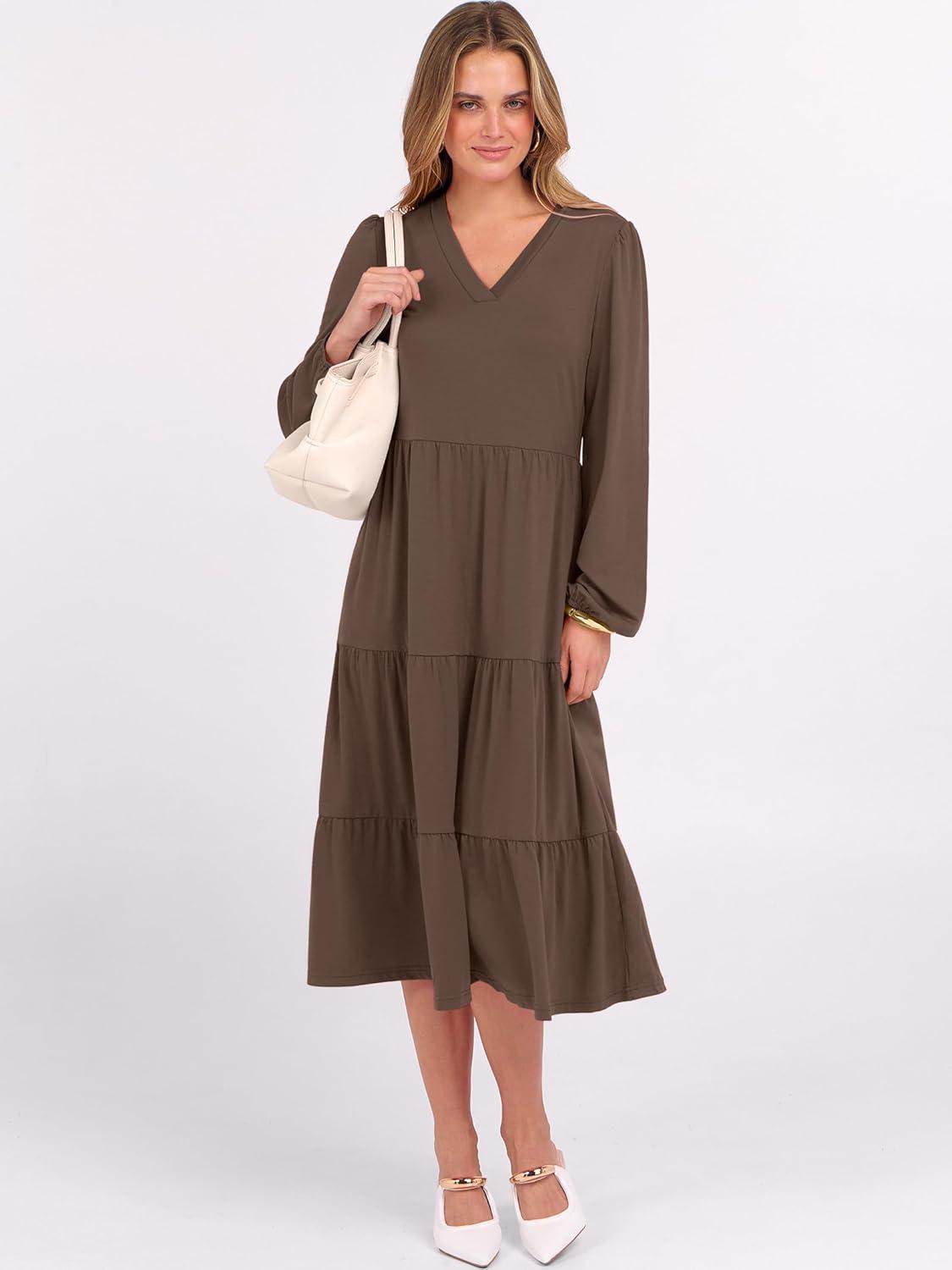 imageANRABESS Womens Long Lantern Sleeve Floral Midi Dresses 2025 Fall V Neck Casual Flowy Aline Tiered Boho Vacation Long DressCoffee