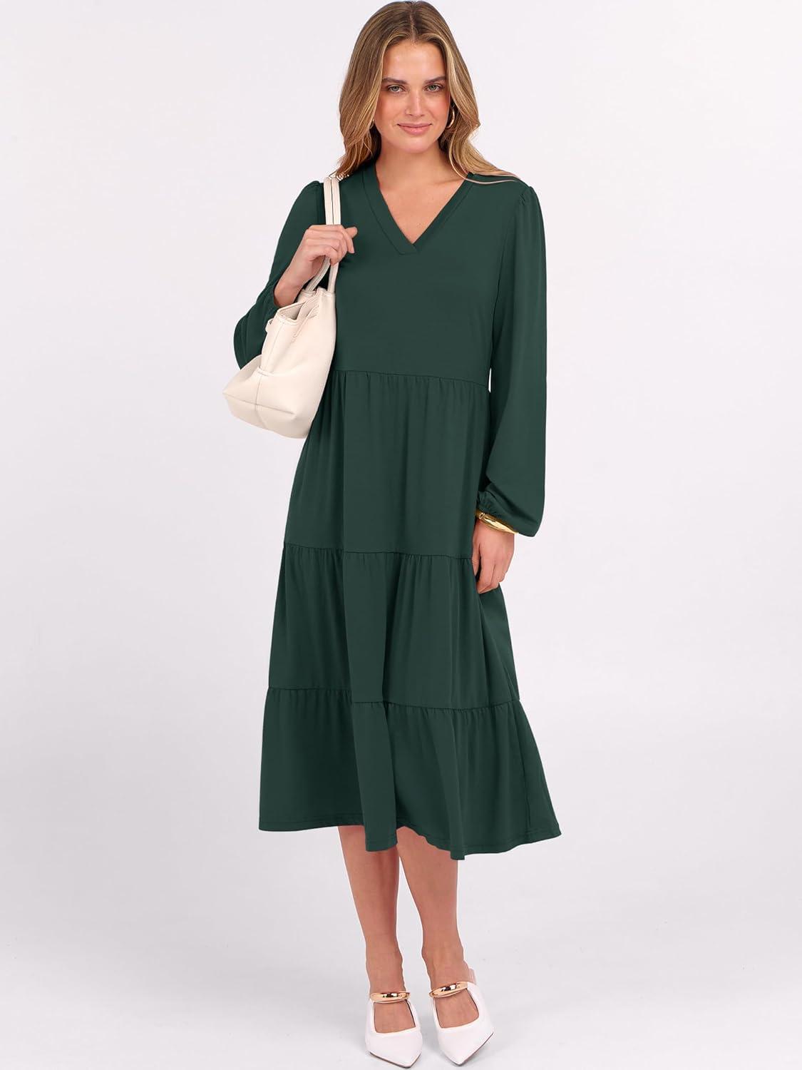 imageANRABESS Womens Long Lantern Sleeve Floral Midi Dresses 2025 Fall V Neck Casual Flowy Aline Tiered Boho Vacation Long DressDark Green