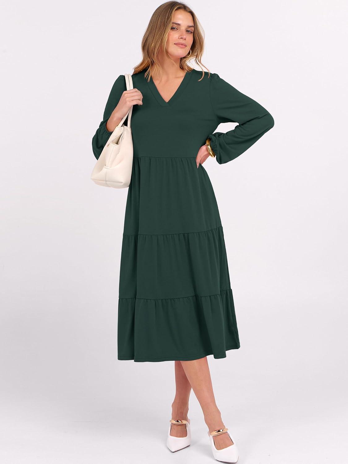 imageANRABESS Womens Long Lantern Sleeve Floral Midi Dresses 2025 Fall V Neck Casual Flowy Aline Tiered Boho Vacation Long DressDark Green