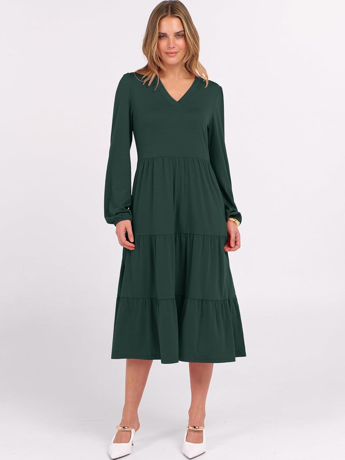 imageANRABESS Womens Long Lantern Sleeve Floral Midi Dresses 2025 Fall V Neck Casual Flowy Aline Tiered Boho Vacation Long DressDark Green