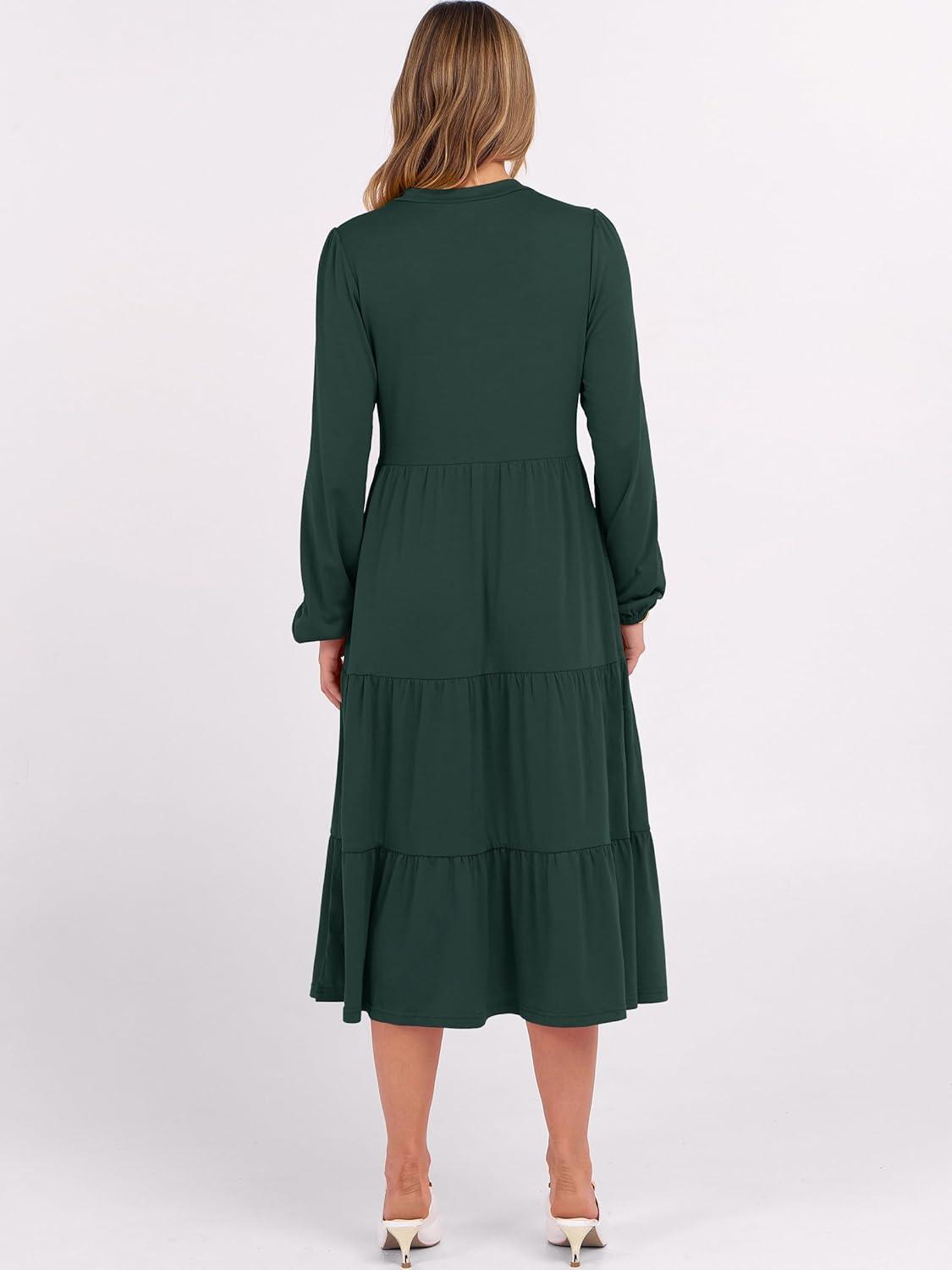 imageANRABESS Womens Long Lantern Sleeve Floral Midi Dresses 2025 Fall V Neck Casual Flowy Aline Tiered Boho Vacation Long DressDark Green