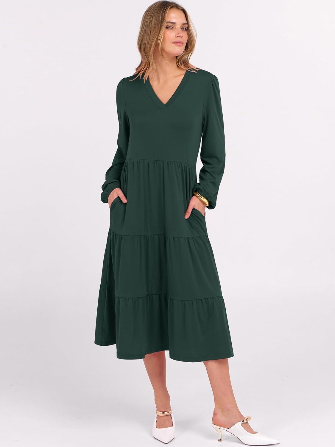 imageANRABESS Womens Long Lantern Sleeve Floral Midi Dresses 2025 Fall V Neck Casual Flowy Aline Tiered Boho Vacation Long DressDark Green