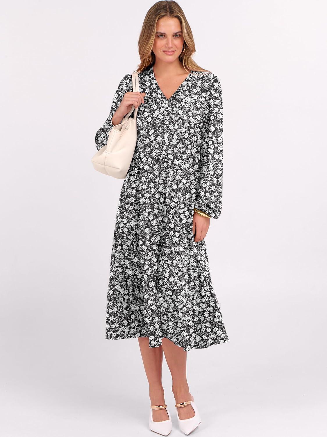 imageANRABESS Womens Long Lantern Sleeve Floral Midi Dresses 2025 Fall V Neck Casual Flowy Aline Tiered Boho Vacation Long DressFloral Black