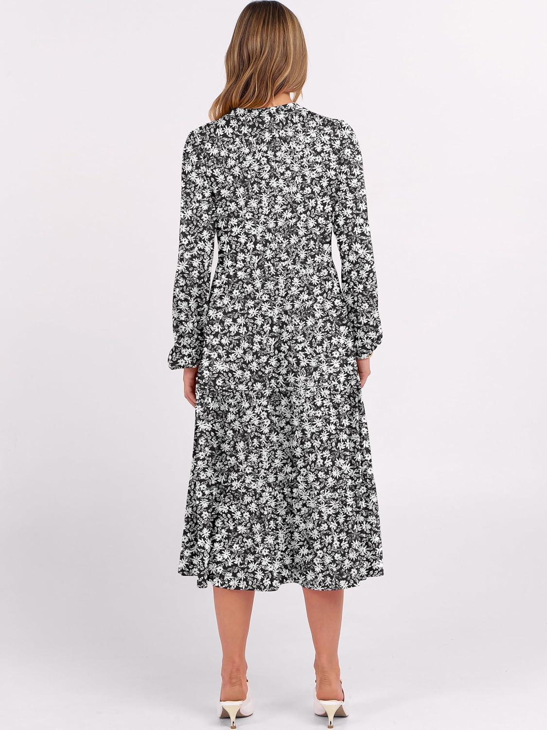 imageANRABESS Womens Long Lantern Sleeve Floral Midi Dresses 2025 Fall V Neck Casual Flowy Aline Tiered Boho Vacation Long DressFloral Black