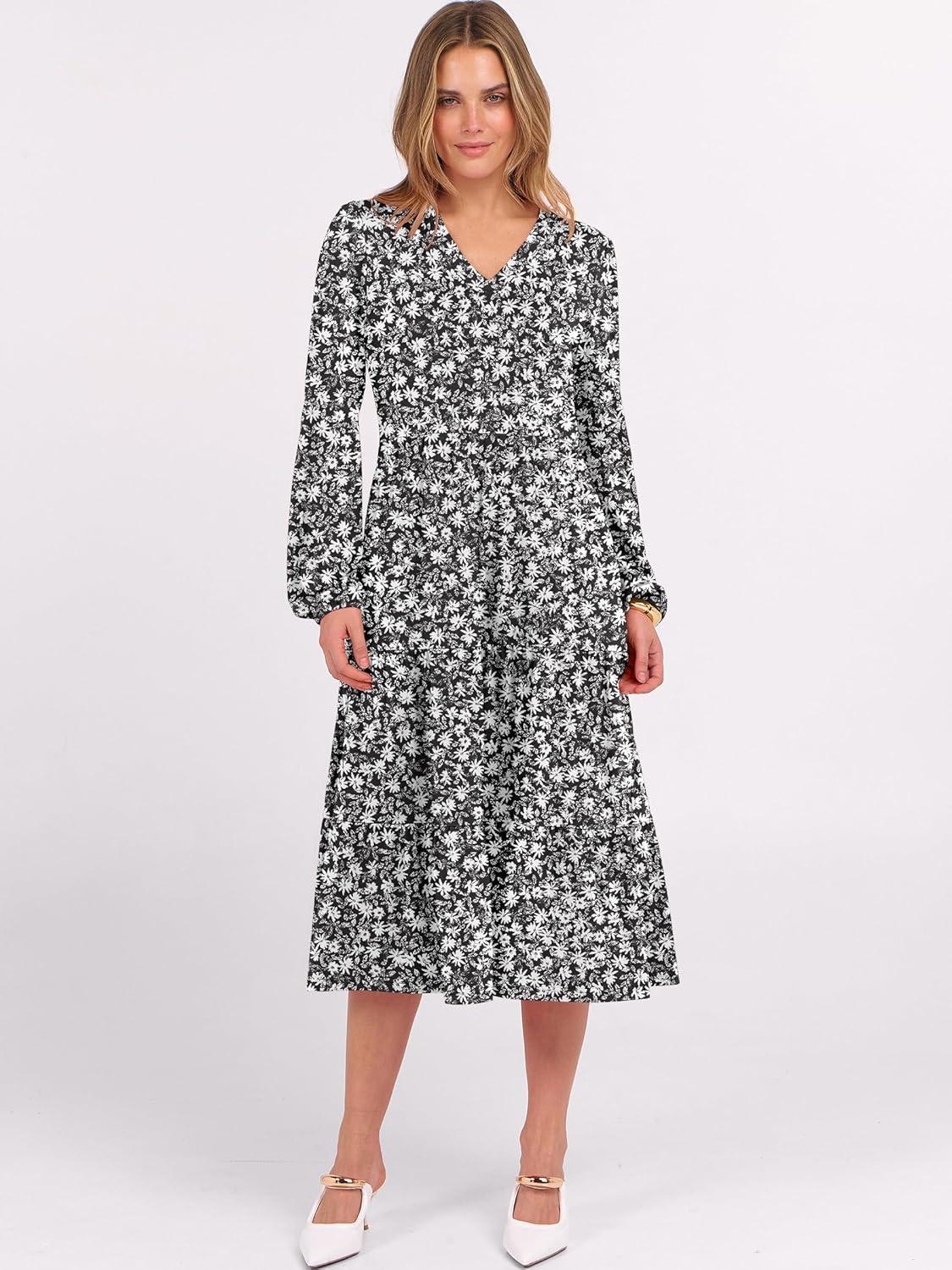 imageANRABESS Womens Long Lantern Sleeve Floral Midi Dresses 2025 Fall V Neck Casual Flowy Aline Tiered Boho Vacation Long DressFloral Black