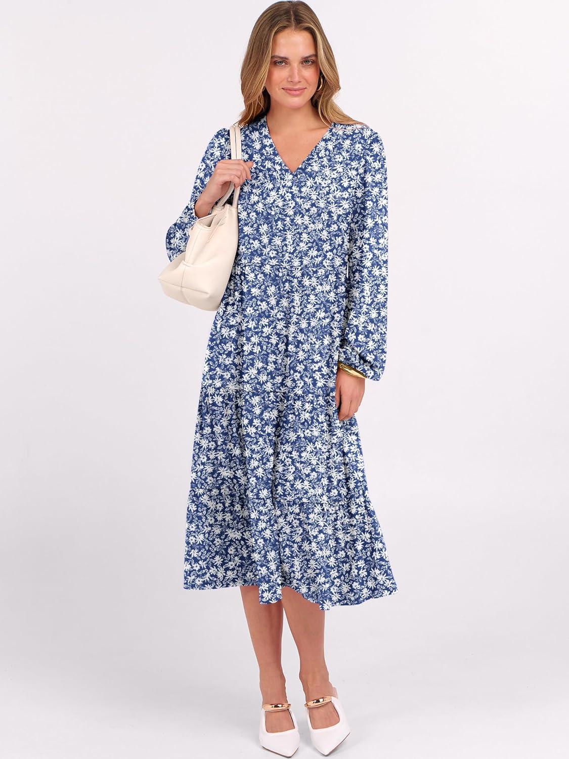 imageANRABESS Womens Long Lantern Sleeve Floral Midi Dresses 2025 Fall V Neck Casual Flowy Aline Tiered Boho Vacation Long DressFloral Blue
