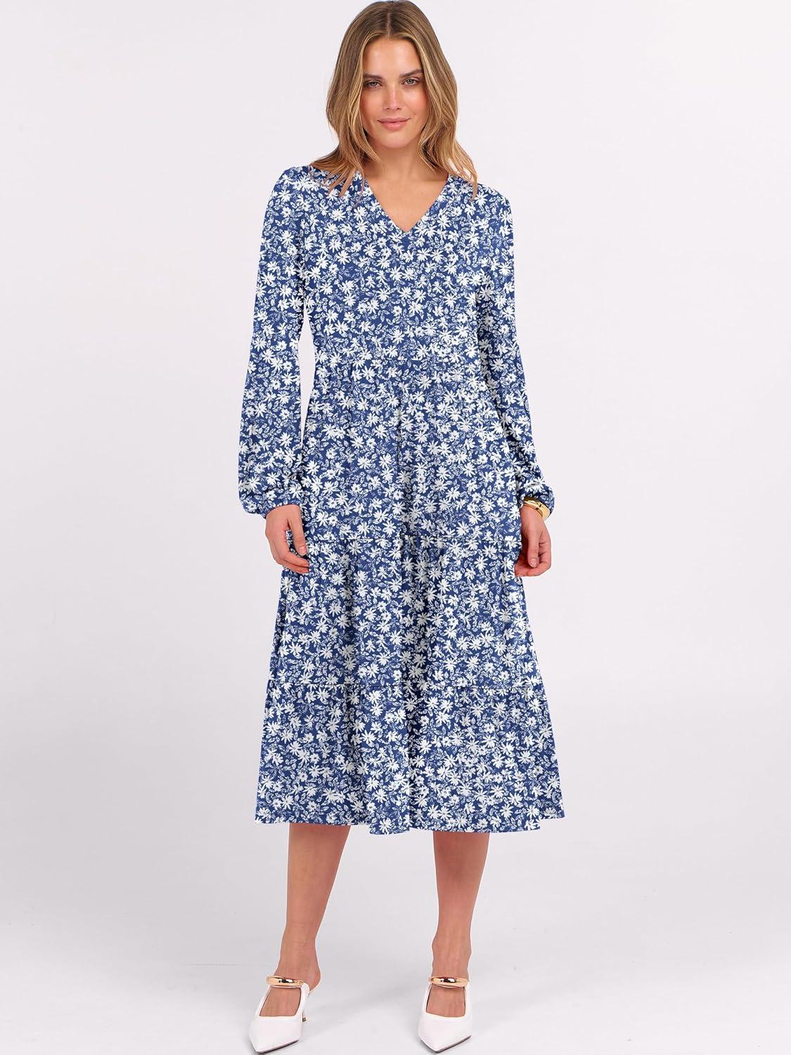 imageANRABESS Womens Long Lantern Sleeve Floral Midi Dresses 2025 Fall V Neck Casual Flowy Aline Tiered Boho Vacation Long DressFloral Blue