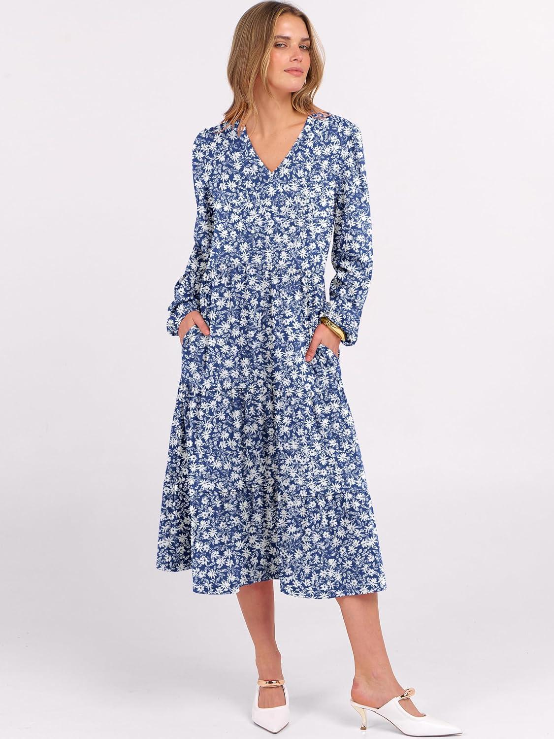 imageANRABESS Womens Long Lantern Sleeve Floral Midi Dresses 2025 Fall V Neck Casual Flowy Aline Tiered Boho Vacation Long DressFloral Blue