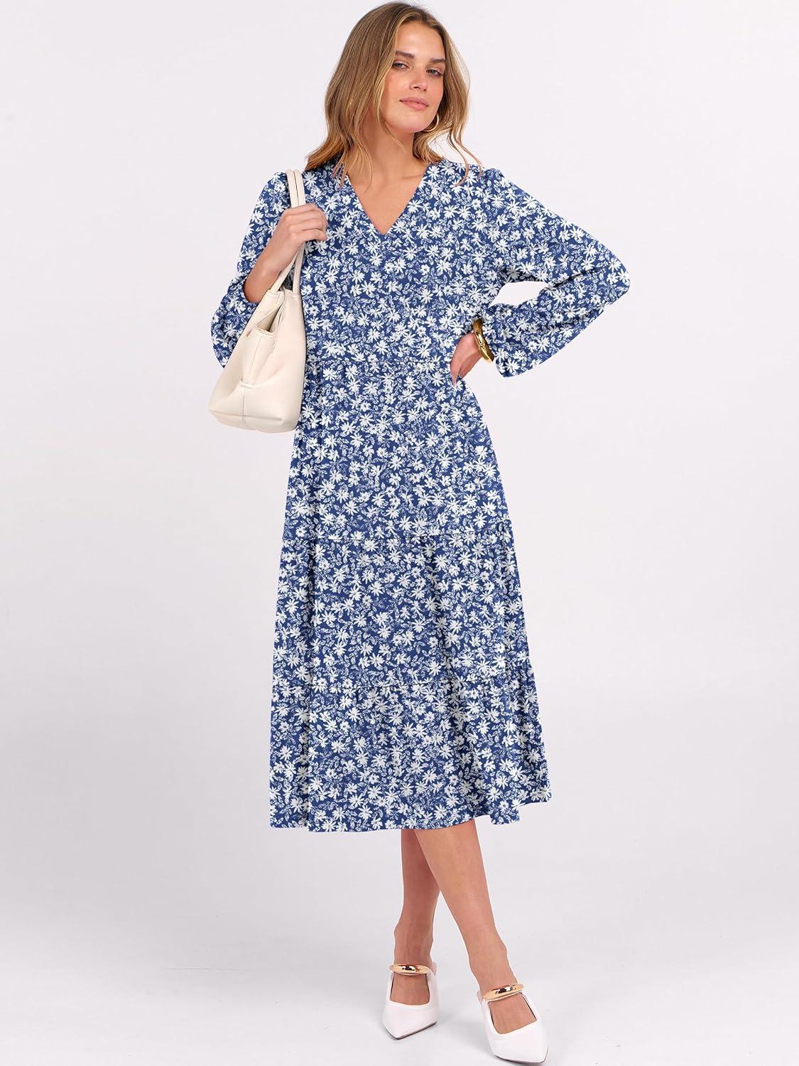 imageANRABESS Womens Long Lantern Sleeve Floral Midi Dresses 2025 Fall V Neck Casual Flowy Aline Tiered Boho Vacation Long DressFloral Blue