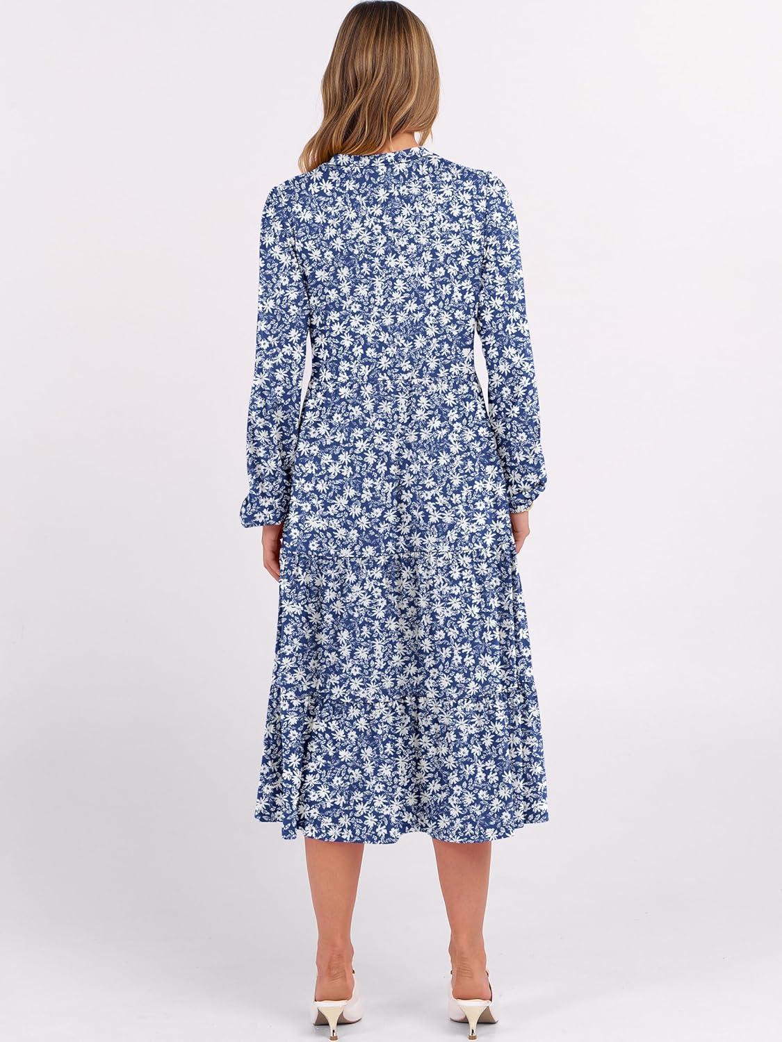 imageANRABESS Womens Long Lantern Sleeve Floral Midi Dresses 2025 Fall V Neck Casual Flowy Aline Tiered Boho Vacation Long DressFloral Blue