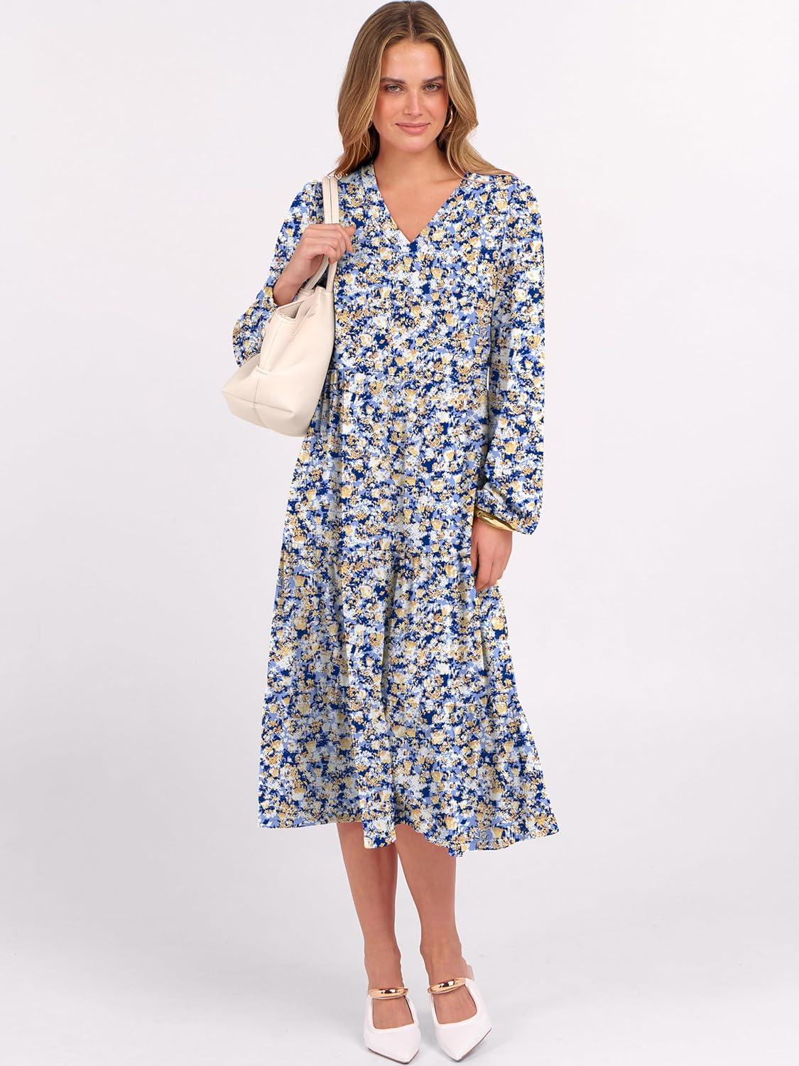 imageANRABESS Womens Long Lantern Sleeve Floral Midi Dresses 2025 Fall V Neck Casual Flowy Aline Tiered Boho Vacation Long DressFloral Blue Yellow