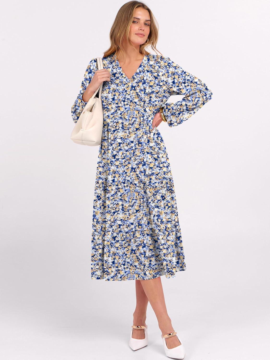 imageANRABESS Womens Long Lantern Sleeve Floral Midi Dresses 2025 Fall V Neck Casual Flowy Aline Tiered Boho Vacation Long DressFloral Blue Yellow
